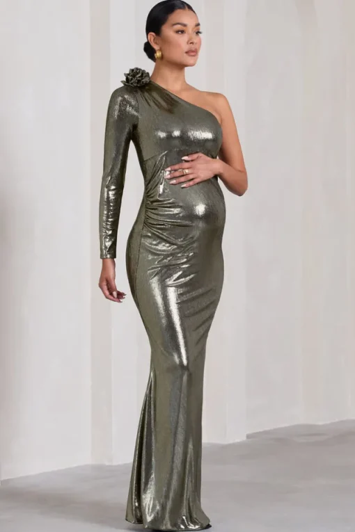 Rosepetal | Silver Metallic Asymmetric Maternity Maxi Dress With Flower