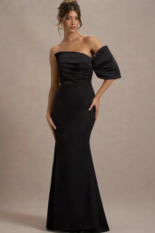 Rosora | Black Asymmetric One-Sleeve Fishtail Maxi Dress