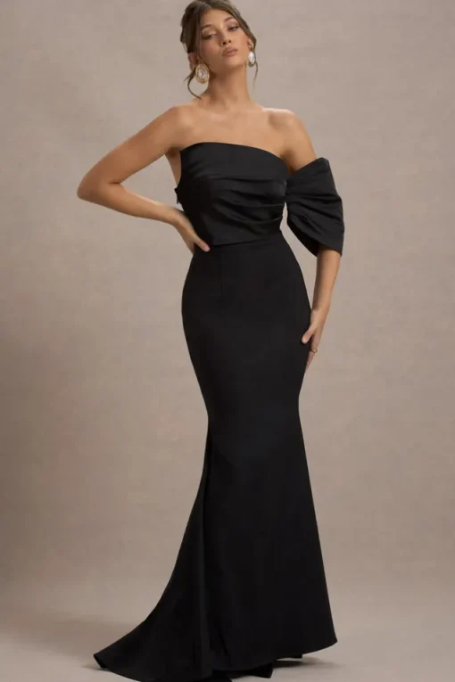 Rosora | Black Asymmetric One-Sleeve Fishtail Maxi Dress