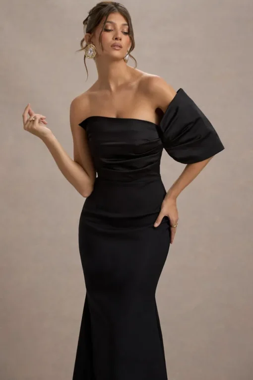 Rosora | Black Asymmetric One-Sleeve Fishtail Maxi Dress
