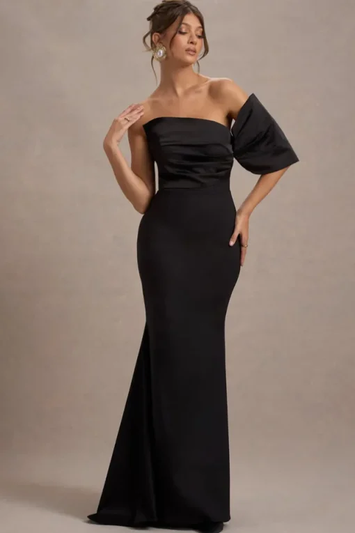 Rosora | Black Asymmetric One-Sleeve Fishtail Maxi Dress