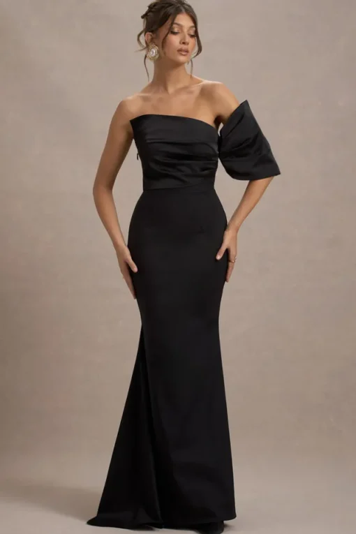 Rosora | Black Asymmetric One-Sleeve Fishtail Maxi Dress