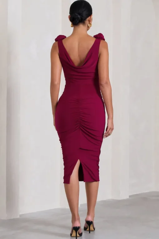 Rosy | Berry Cowl-Neck Maternity Midi Dress With Flowers