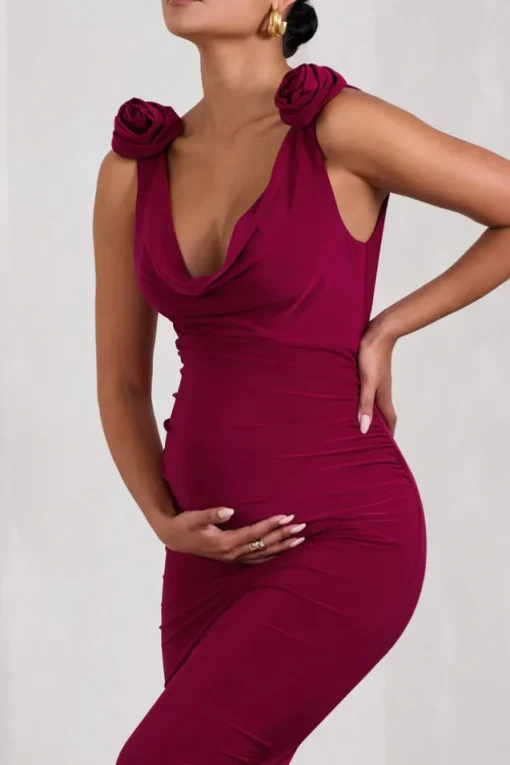 Rosy | Berry Cowl-Neck Maternity Midi Dress With Flowers