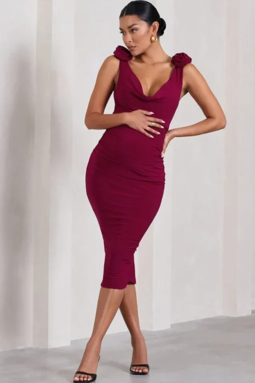 Rosy | Berry Cowl-Neck Maternity Midi Dress With Flowers