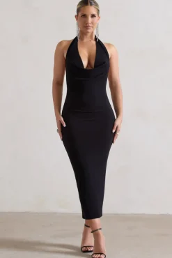 Roulette | Black Cowl-Neck Midi Dress