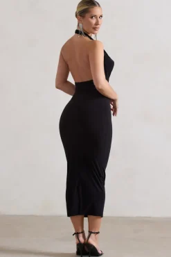 Roulette | Black Cowl-Neck Midi Dress