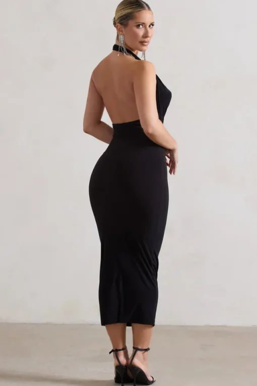 Roulette | Black Cowl-Neck Midi Dress