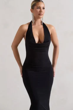 Roulette | Black Cowl-Neck Midi Dress