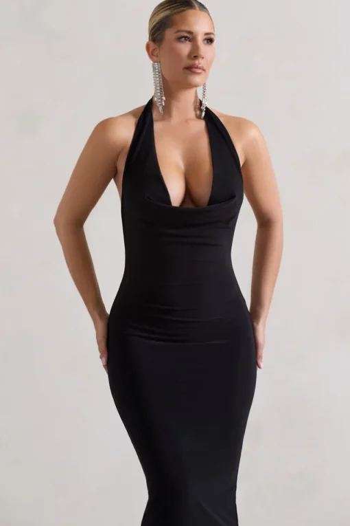 Roulette | Black Cowl-Neck Midi Dress