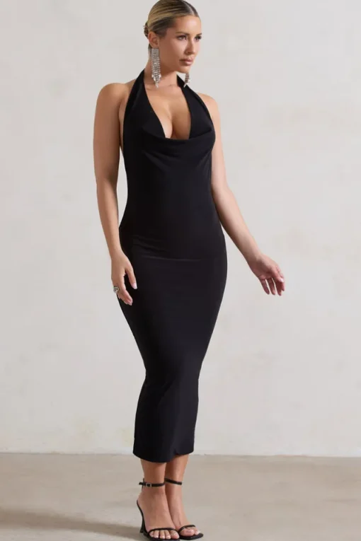 Roulette | Black Cowl-Neck Midi Dress