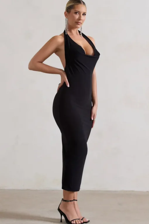 Roulette | Black Cowl-Neck Midi Dress