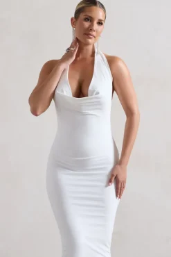 Roulette | White Cowl-Neck Midi Dress