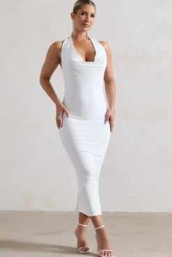 Roulette | White Cowl-Neck Midi Dress