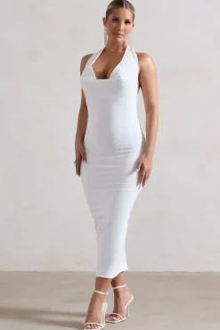 Roulette | White Cowl-Neck Midi Dress