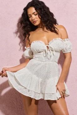 Rowena | White Broderie Bardot Ruffled Playsuit
