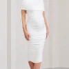 Roxanne | White Ruched Bardot Maternity Midi Dress