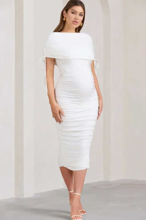 Roxanne | White Ruched Bardot Maternity Midi Dress