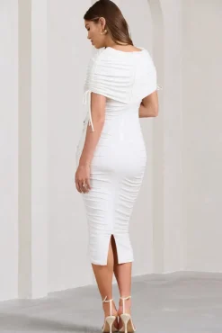 Roxanne | White Ruched Bardot Maternity Midi Dress