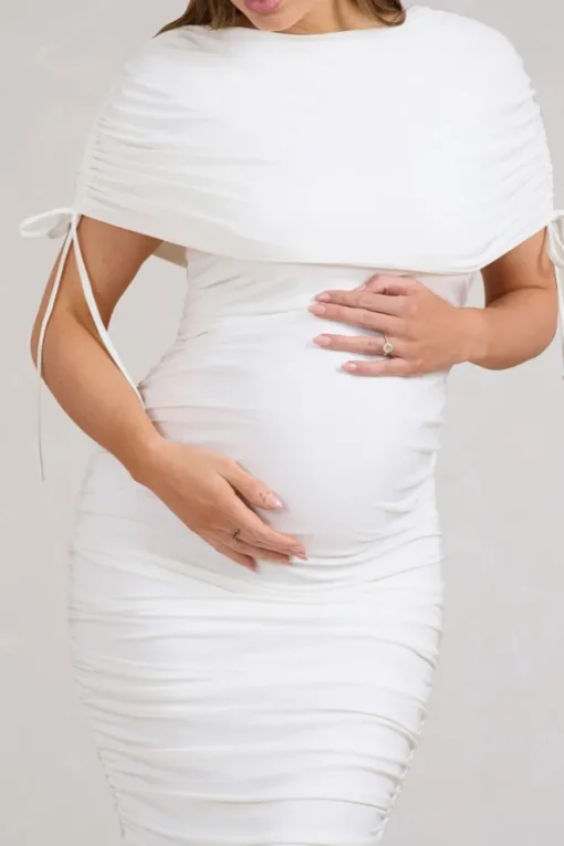 Roxanne | White Ruched Bardot Maternity Midi Dress