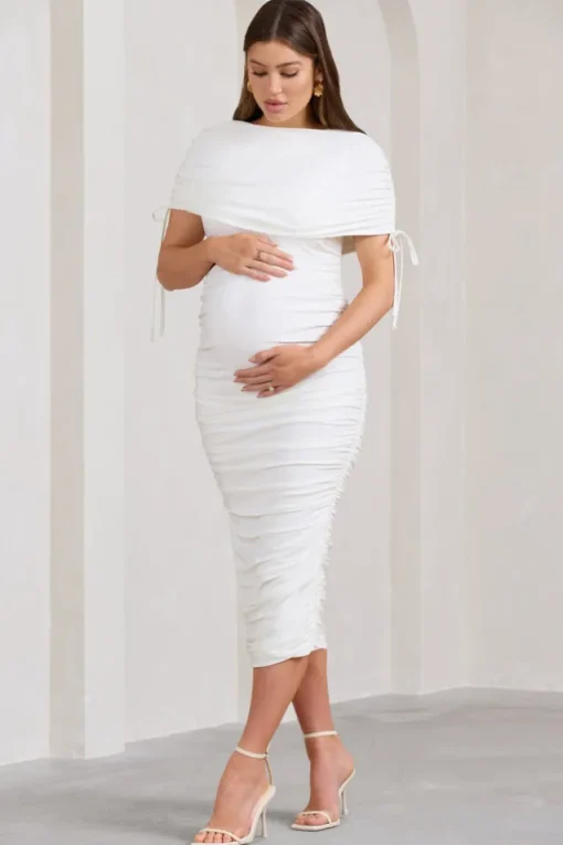 Roxanne | White Ruched Bardot Maternity Midi Dress