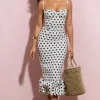 Royale | White Polka Dot Bodycon Ruffled Midi Dress
