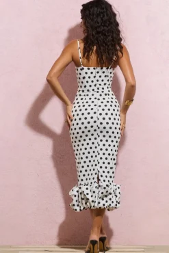 Royale | White Polka Dot Bodycon Ruffled Midi Dress