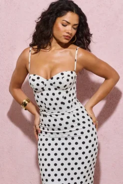 Royale | White Polka Dot Bodycon Ruffled Midi Dress