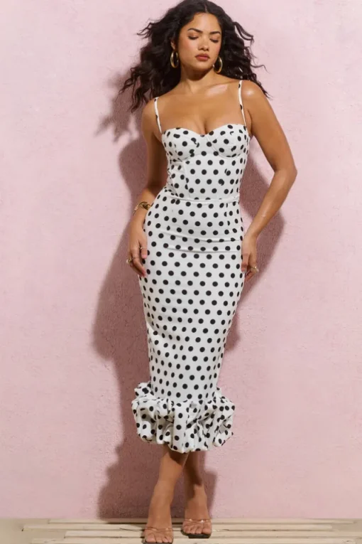 Royale | White Polka Dot Bodycon Ruffled Midi Dress