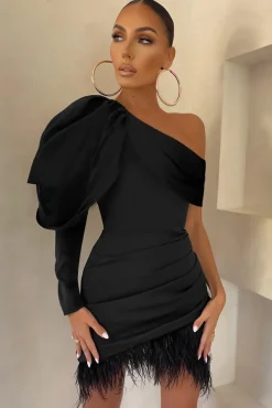RSVP | Black Asymmetric Volume Sleeve Draped Feather Mini Dress