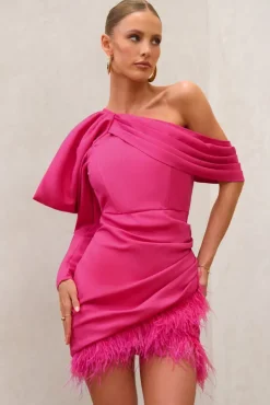 RSVP | Hot Pink Asymmetric Volume Sleeve Draped Feather Mini Dress