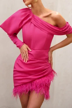RSVP | Hot Pink Asymmetric Volume Sleeve Draped Feather Mini Dress