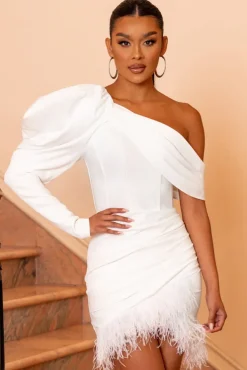 RSVP | Ivory Asymmetric Volume Sleeve Draped Feather Mini Dress