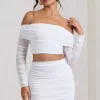 Rule Breaker | White Ruched Mesh Bardot Crop Top