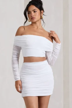 Rule Breaker | White Ruched Mesh Bardot Crop Top