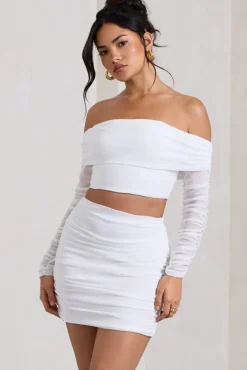 Rule Breaker | White Ruched Mesh Bardot Crop Top