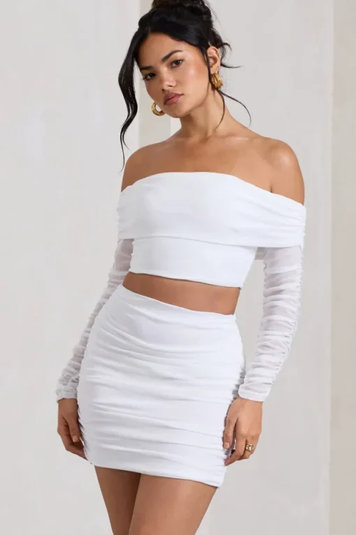 Rule Breaker | White Ruched Mesh Bardot Crop Top