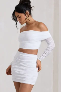 Rule Breaker | White Ruched Mesh Bardot Crop Top