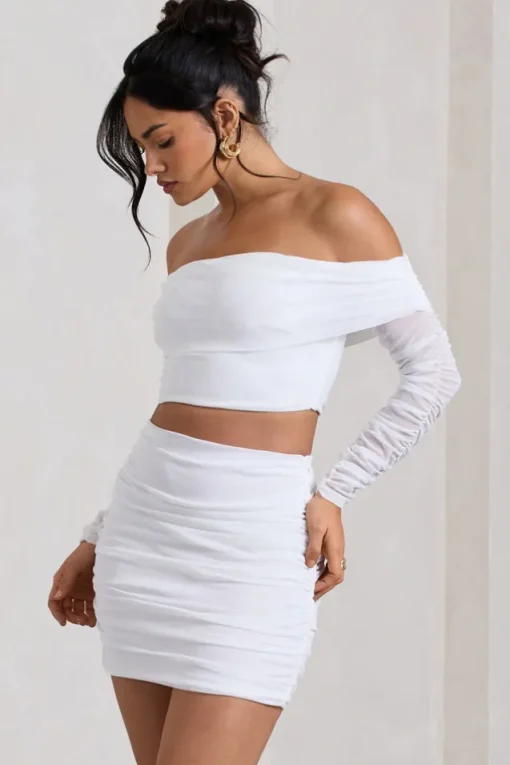 Rule Breaker | White Ruched Mesh Bardot Crop Top