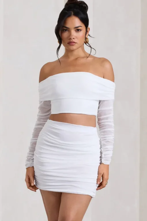 Rule Breaker | White Ruched Mesh Bardot Crop Top