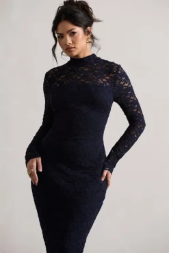 Rumour | Navy Lace High-Neck Midi Dress