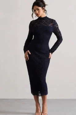 Rumour | Navy Lace High-Neck Midi Dress