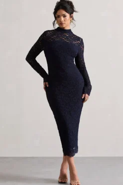 Rumour | Navy Lace High-Neck Midi Dress
