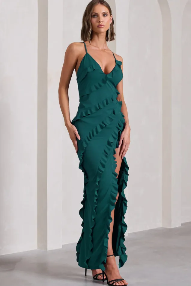 Run The World | Bottle Green Sweetheart Neckline Ruffle Maxi Dress