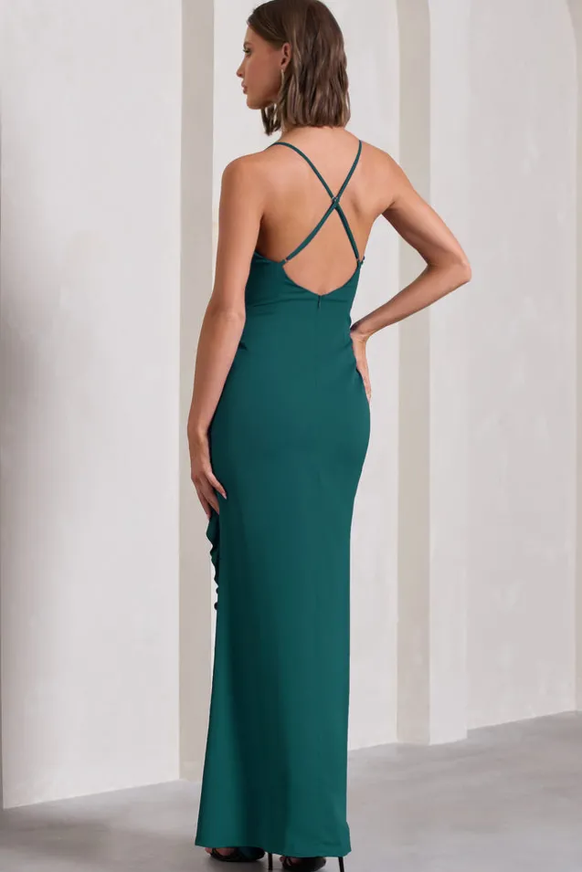 Run The World | Bottle Green Sweetheart Neckline Ruffle Maxi Dress