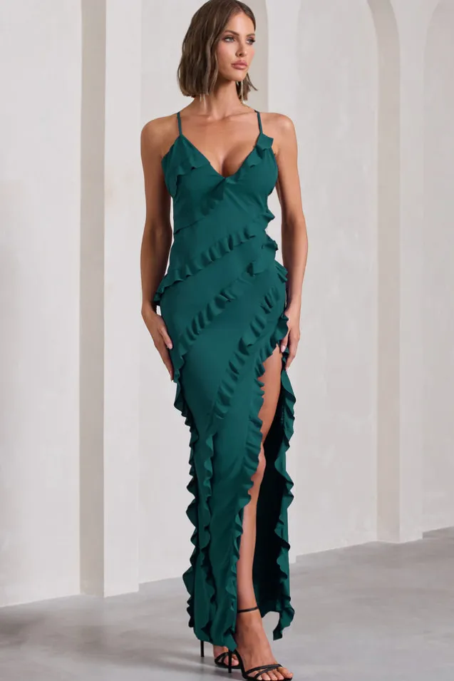 Run The World | Bottle Green Sweetheart Neckline Ruffle Maxi Dress