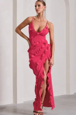 Run The World | Hot Pink Sweetheart Neckline Ruffle Maxi Dress