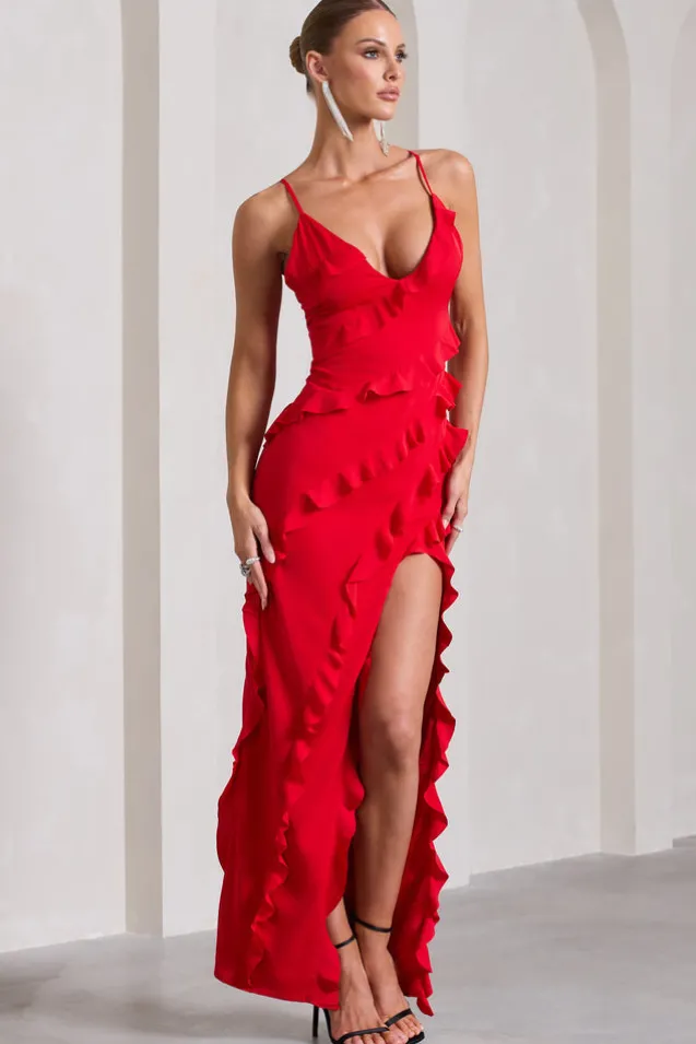 Run The World | Red Plunge Neckline Ruffle Maxi Dress