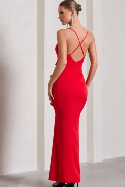 Run The World | Red Plunge Neckline Ruffle Maxi Dress