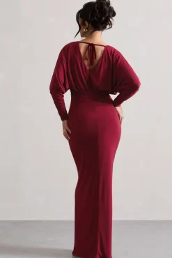 Ruth | Berry Draped Plunge-Neck Maxi Dress